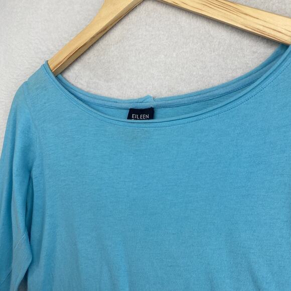 EILEEN FISHER Top M Fine Cotton Jersey Raw Hems Boat Neck Long Sleeve Blue - Picture 2 of 11
